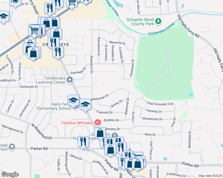 map of restaurants, bars, coffee shops, grocery stores, and more near 3585 Hambletonian Drive in Florissant