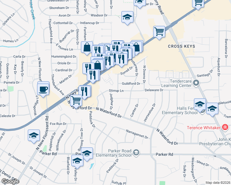 map of restaurants, bars, coffee shops, grocery stores, and more near 2510 Stirrup Lane in Florissant