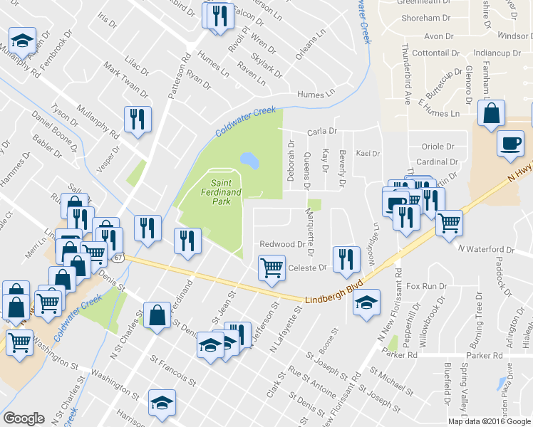 map of restaurants, bars, coffee shops, grocery stores, and more near 4 Marquette Drive in Florissant