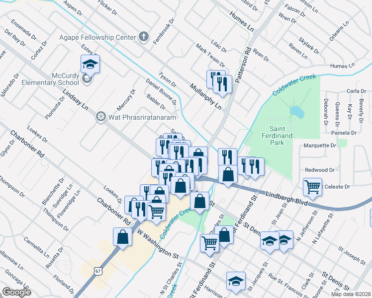 map of restaurants, bars, coffee shops, grocery stores, and more near 35 Ruth Drive in Florissant