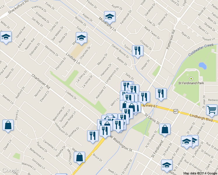 map of restaurants, bars, coffee shops, grocery stores, and more near 770 Lindsay Lane in Florissant