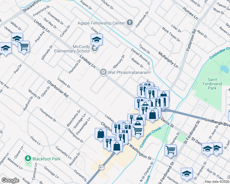 map of restaurants, bars, coffee shops, grocery stores, and more near 29 Mc Nulty Drive in Florissant