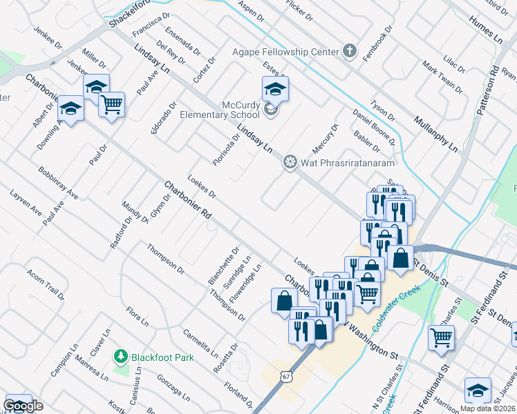 map of restaurants, bars, coffee shops, grocery stores, and more near 880 La Crosse Drive in Florissant