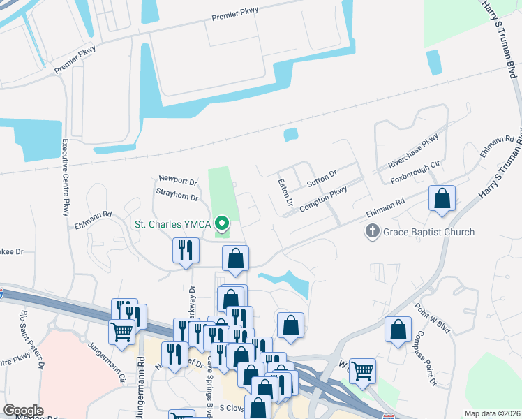 map of restaurants, bars, coffee shops, grocery stores, and more near 129 Braewood Circle in Saint Charles