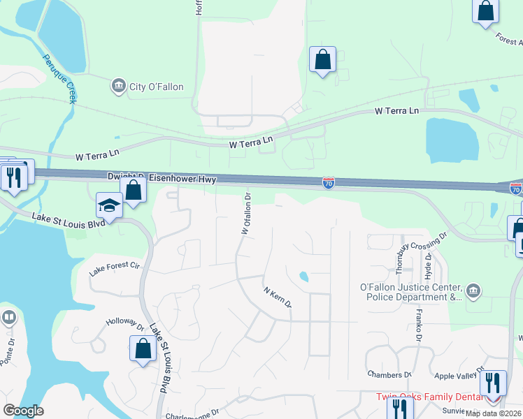map of restaurants, bars, coffee shops, grocery stores, and more near 84-98 West Ofallon Drive in O'Fallon