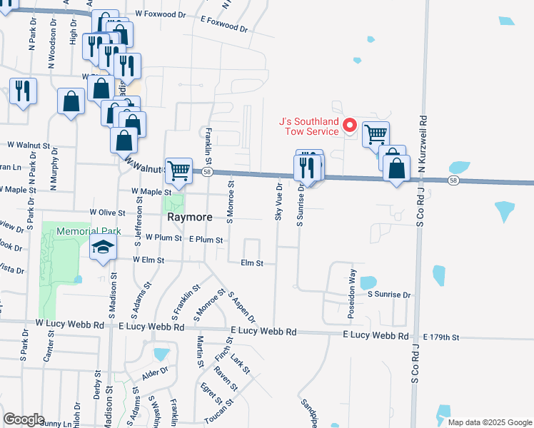 map of restaurants, bars, coffee shops, grocery stores, and more near 300 Sky Vue Drive in Raymore