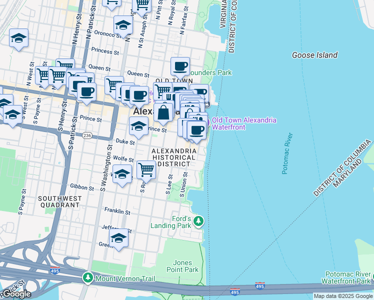 map of restaurants, bars, coffee shops, grocery stores, and more near 227 South Union Street in Alexandria