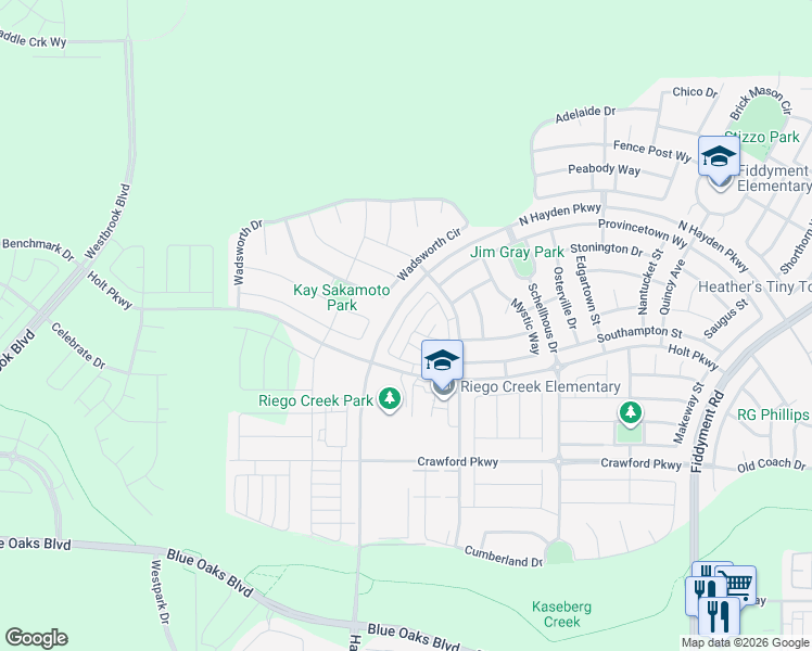map of restaurants, bars, coffee shops, grocery stores, and more near 7185 Nobleboro Way in Roseville