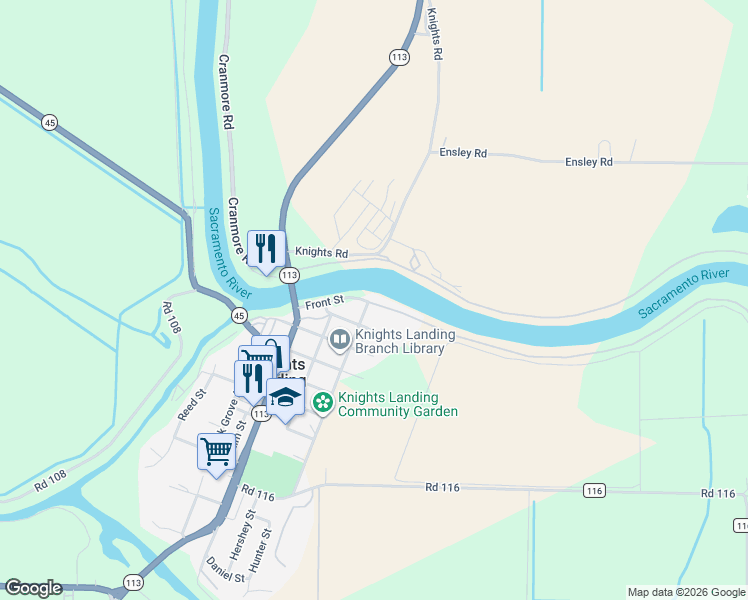 map of restaurants, bars, coffee shops, grocery stores, and more near 42455 Front Street in Knights Landing