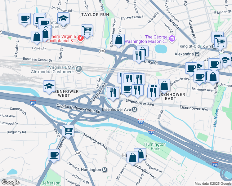 map of restaurants, bars, coffee shops, grocery stores, and more near 315 Stovall Street in Alexandria