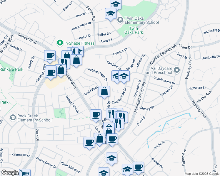 map of restaurants, bars, coffee shops, grocery stores, and more near 5855 Pebble Creek Drive in Rocklin