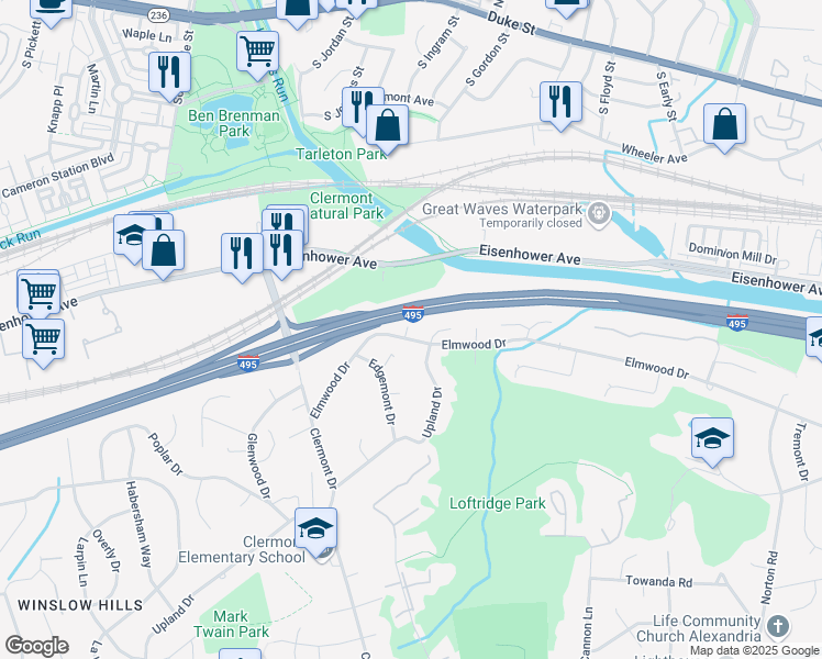 map of restaurants, bars, coffee shops, grocery stores, and more near 4308 Elmwood Drive in Alexandria
