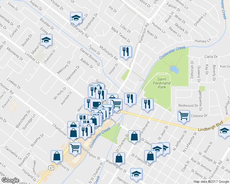 map of restaurants, bars, coffee shops, grocery stores, and more near 1185 Patterson Road in Florissant