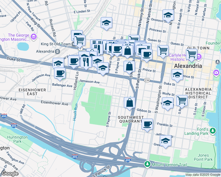 map of restaurants, bars, coffee shops, grocery stores, and more near 1306 Roundhouse Lane in Alexandria