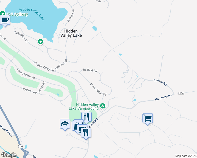 map of restaurants, bars, coffee shops, grocery stores, and more near 17934 Moon Hill Court in Hidden Valley Lake