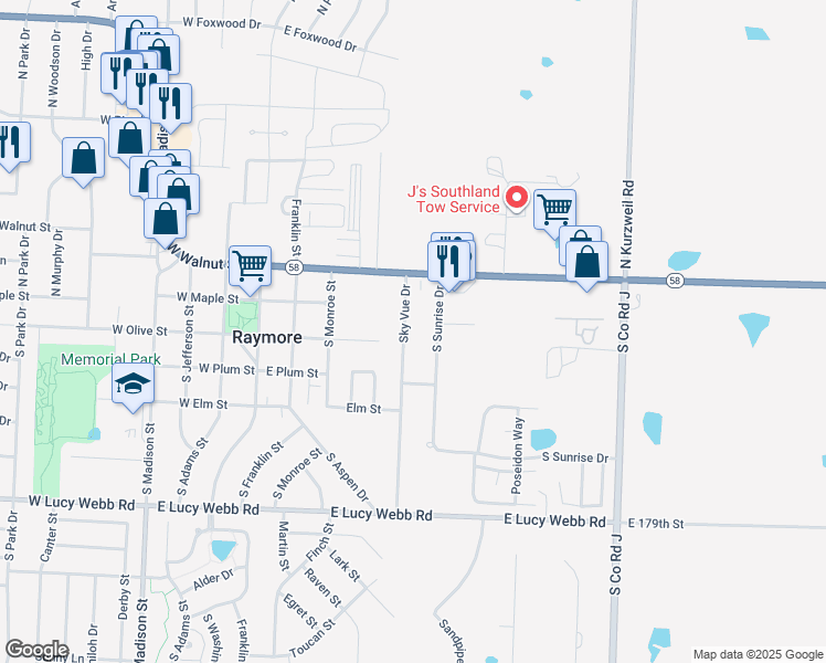 map of restaurants, bars, coffee shops, grocery stores, and more near 207 Sky Vue Drive in Raymore