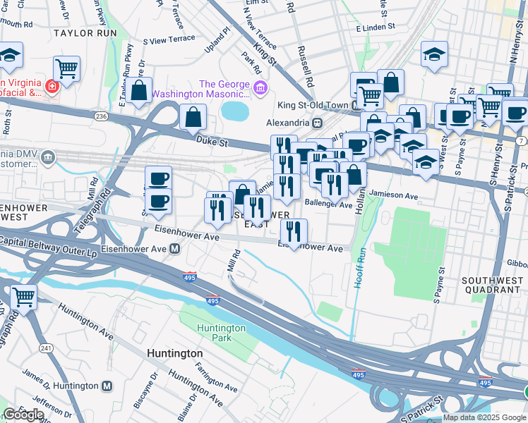 map of restaurants, bars, coffee shops, grocery stores, and more near 29 Elizabeth Lane in Alexandria