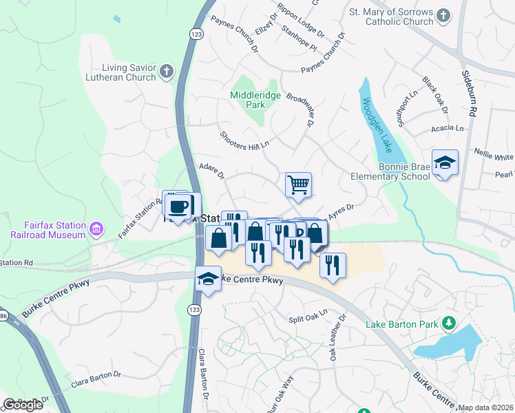 map of restaurants, bars, coffee shops, grocery stores, and more near 10911 Fox Sparrow Court in Fairfax