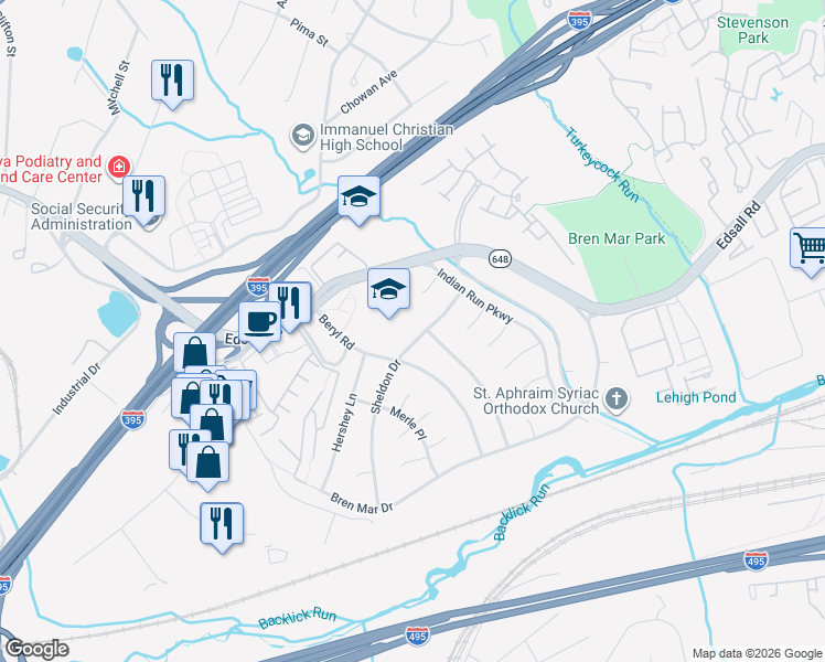 map of restaurants, bars, coffee shops, grocery stores, and more near 5516 Sheldon Drive in Alexandria