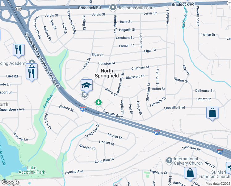 map of restaurants, bars, coffee shops, grocery stores, and more near 7428 Axton St in Springfield