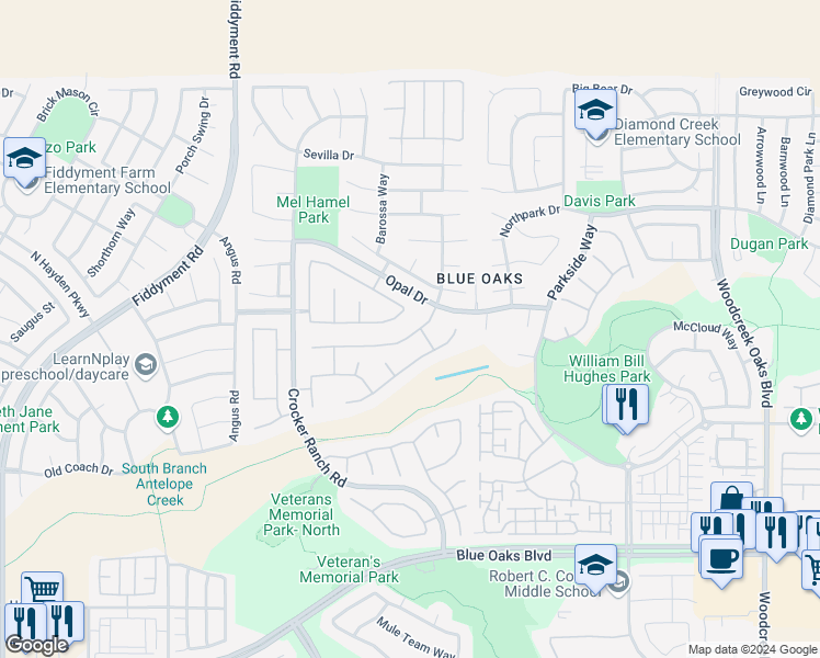 map of restaurants, bars, coffee shops, grocery stores, and more near 1632 Baroness Way in Roseville