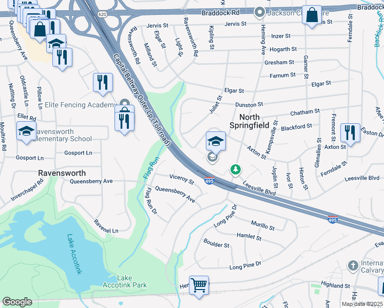 map of restaurants, bars, coffee shops, grocery stores, and more near 7533 Axton Street in Springfield