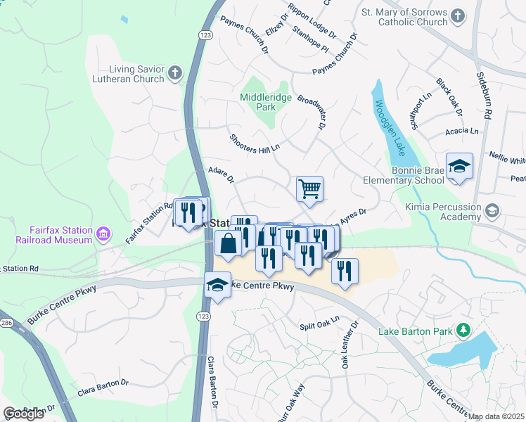 map of restaurants, bars, coffee shops, grocery stores, and more near 10913 Fox Sparrow Court in Fairfax