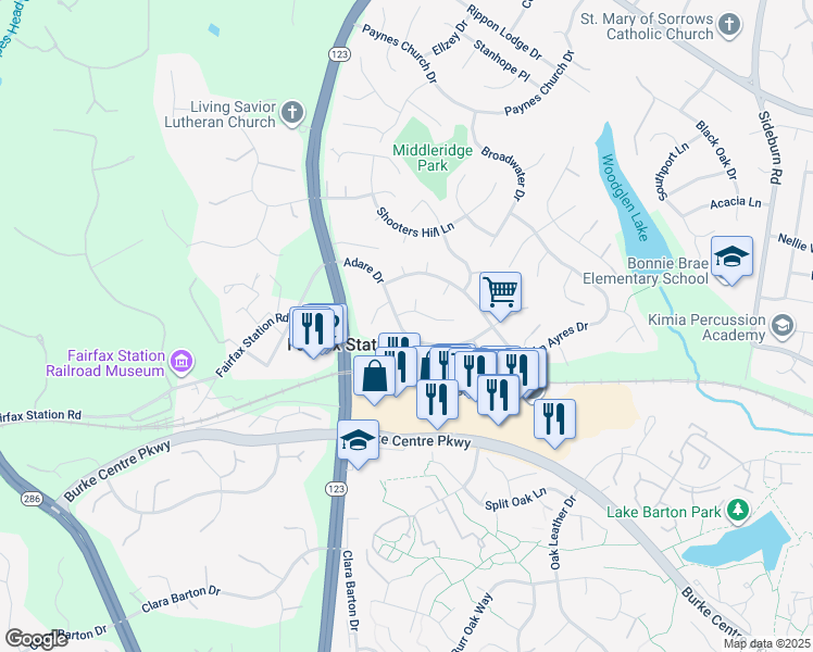 map of restaurants, bars, coffee shops, grocery stores, and more near 10928 Adare Drive in Fairfax