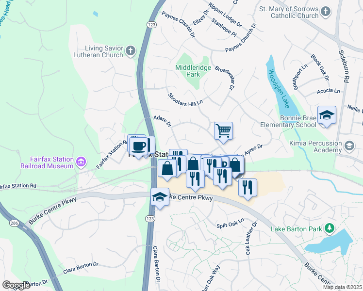 map of restaurants, bars, coffee shops, grocery stores, and more near 10928 Adare Drive in Fairfax
