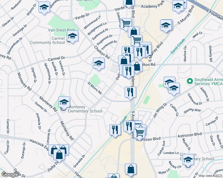 map of restaurants, bars, coffee shops, grocery stores, and more near 2137 Delta Drive in Colorado Springs
