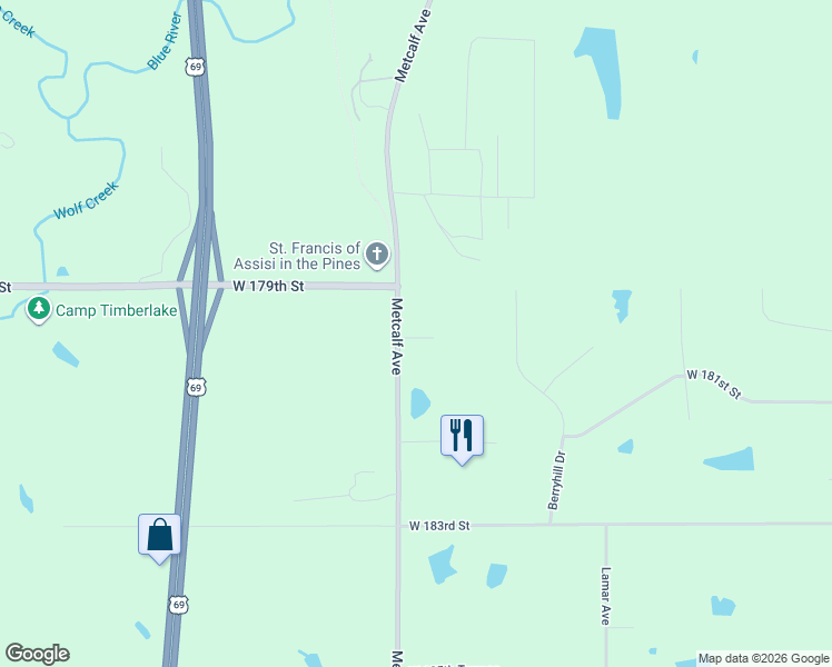 map of restaurants, bars, coffee shops, grocery stores, and more near 18001 Metcalf Avenue in Stilwell