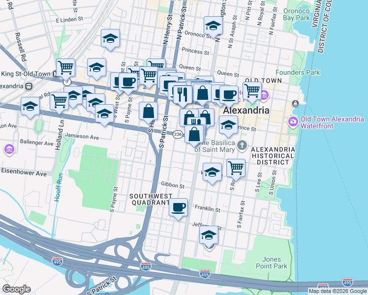 map of restaurants, bars, coffee shops, grocery stores, and more near 323 South Columbus Street in Alexandria