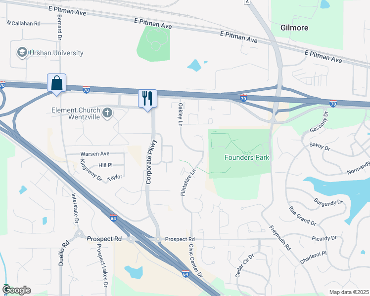 map of restaurants, bars, coffee shops, grocery stores, and more near 1121 Oakley Lane in Lake Saint Louis