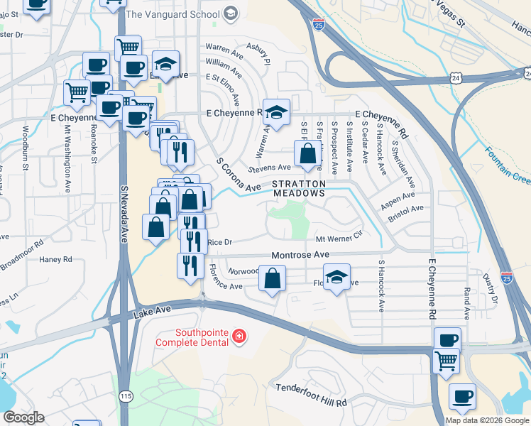 map of restaurants, bars, coffee shops, grocery stores, and more near 976 Mount Werner Circle in Colorado Springs