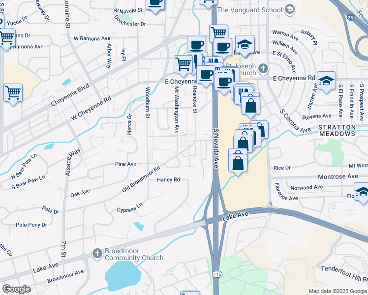 map of restaurants, bars, coffee shops, grocery stores, and more near 26 East Old Broadmoor Road in Colorado Springs