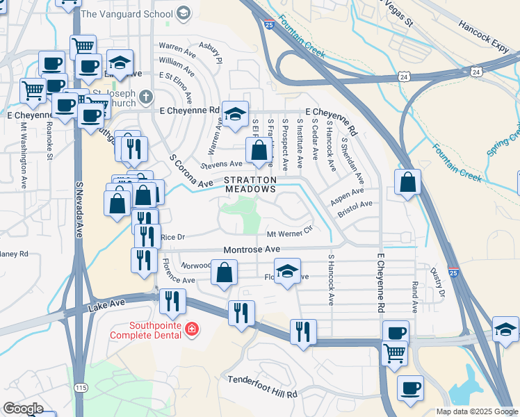 map of restaurants, bars, coffee shops, grocery stores, and more near 2005 South El Paso Avenue in Colorado Springs