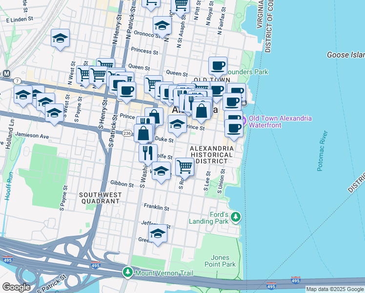 map of restaurants, bars, coffee shops, grocery stores, and more near 408 Duke Street in Alexandria