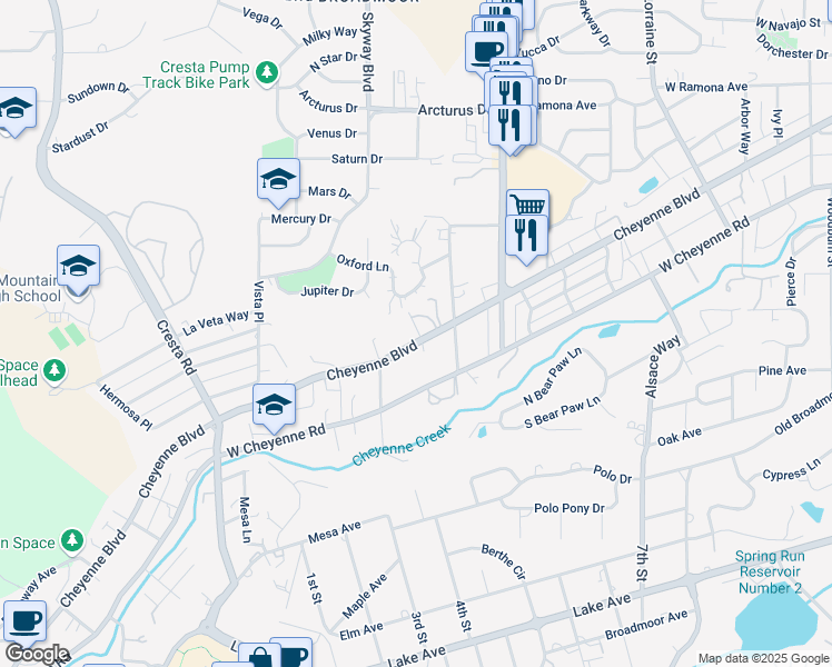 map of restaurants, bars, coffee shops, grocery stores, and more near 918 Cheyenne Boulevard in Colorado Springs