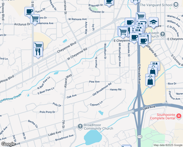 map of restaurants, bars, coffee shops, grocery stores, and more near 14 Newport Circle in Colorado Springs
