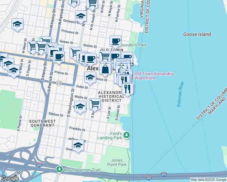 map of restaurants, bars, coffee shops, grocery stores, and more near 123 Duke Street in Alexandria