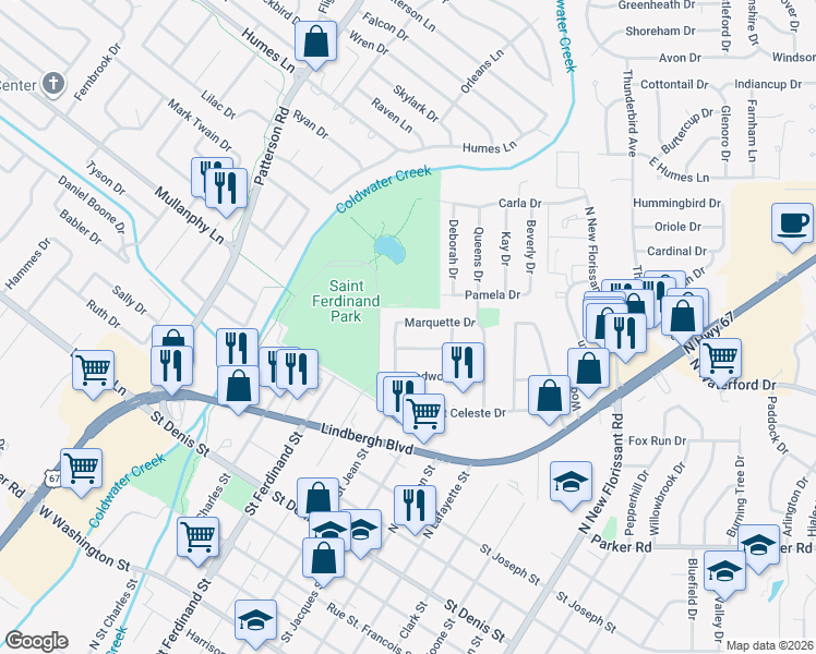 map of restaurants, bars, coffee shops, grocery stores, and more near 4 Marquette Drive in Florissant