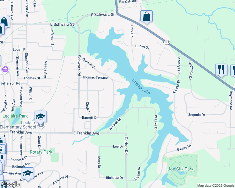 map of restaurants, bars, coffee shops, grocery stores, and more near 332 Barnett Drive in Edwardsville