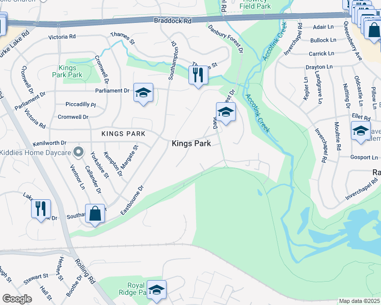map of restaurants, bars, coffee shops, grocery stores, and more near 5505 Mitcham Court in Springfield