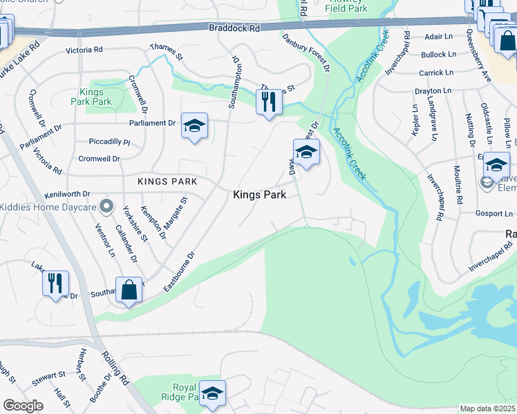 map of restaurants, bars, coffee shops, grocery stores, and more near 5505 Mitcham Court in Springfield