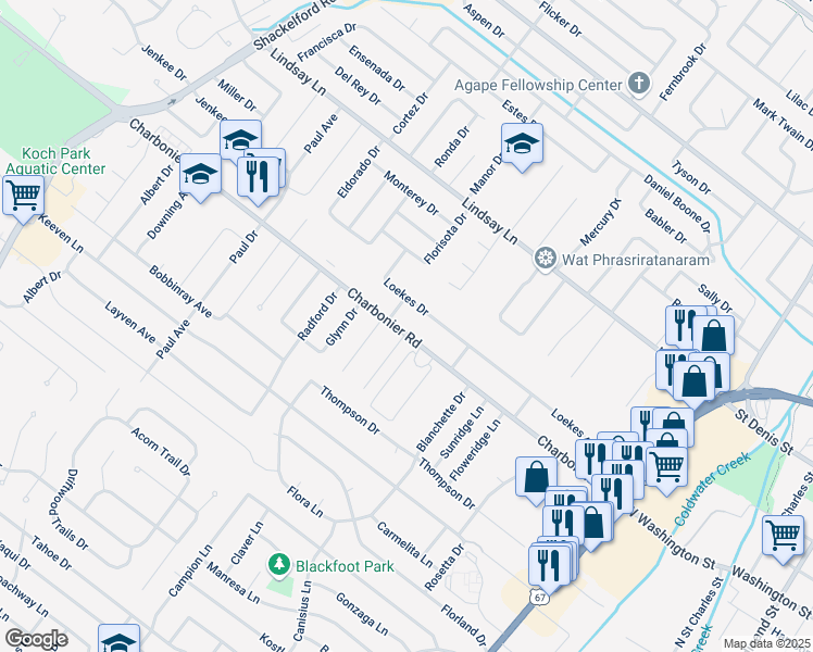map of restaurants, bars, coffee shops, grocery stores, and more near 1000 Charbonier Road in Florissant