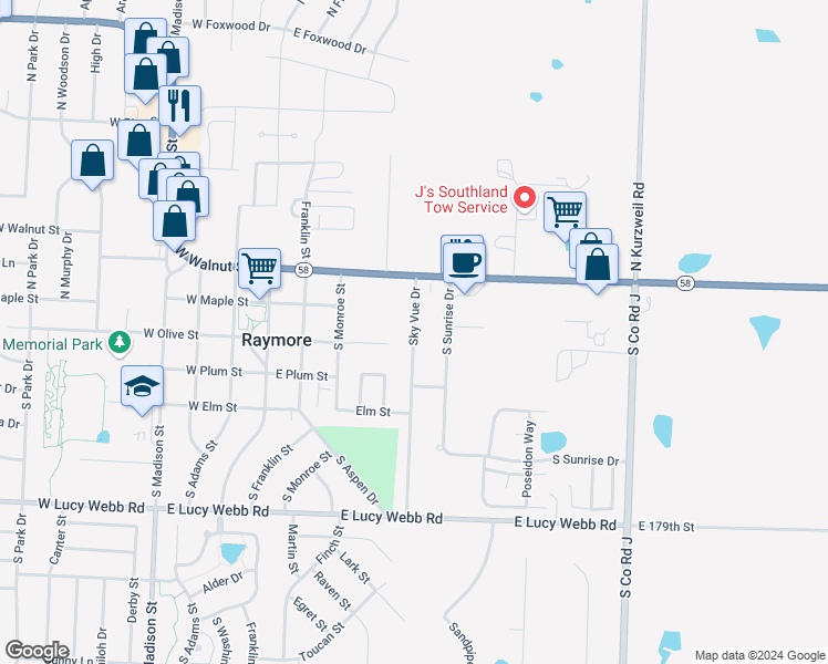 map of restaurants, bars, coffee shops, grocery stores, and more near 300 Sky Vue Drive in Raymore