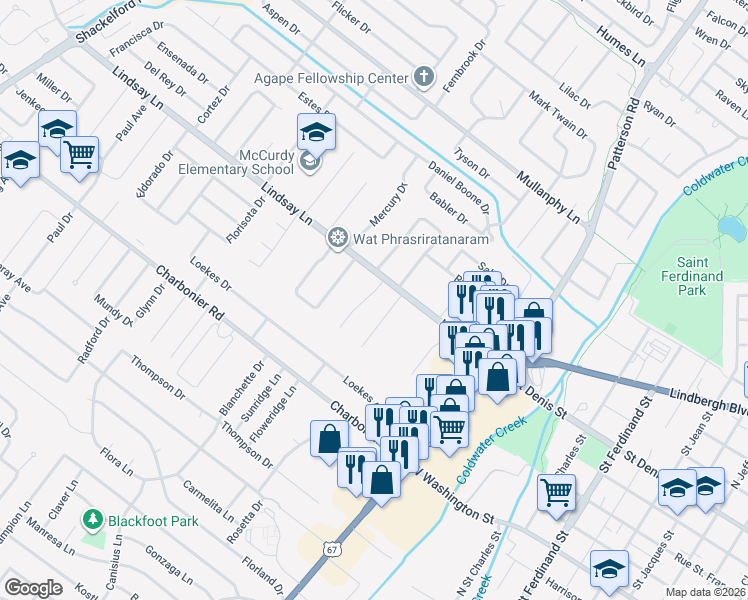 map of restaurants, bars, coffee shops, grocery stores, and more near 29 Mc Nulty Drive in Florissant