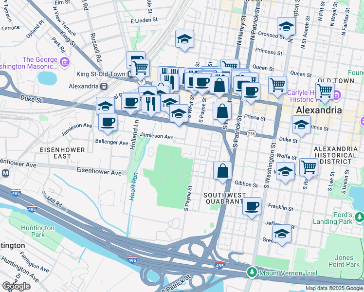 map of restaurants, bars, coffee shops, grocery stores, and more near 1400 Roundhouse Lane in Alexandria