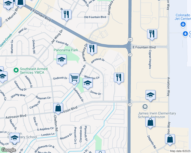map of restaurants, bars, coffee shops, grocery stores, and more near 4880 Wineskin Circle in Colorado Springs
