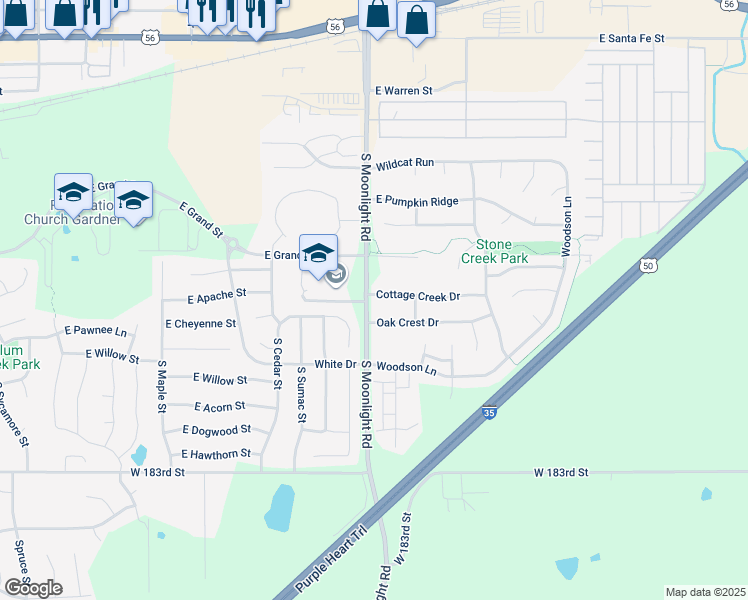 map of restaurants, bars, coffee shops, grocery stores, and more near 515 Cottage Creek Drive in Gardner